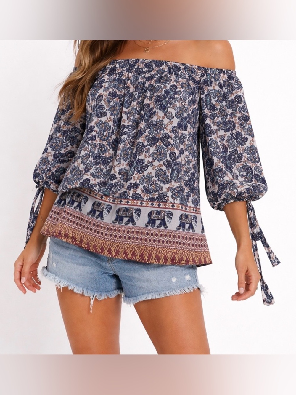 Mileage Off-The-Shoulder Boho Blue & Purple Printed Blouse Size L